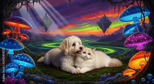 Puppy and kitten resting in fantasy mushroom forest