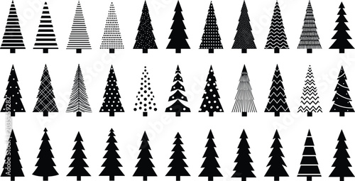 Black And White Christmas Tree Icons Collection With Various Decorative Patterns Stripes Dots And Zigzag Designs On White Background