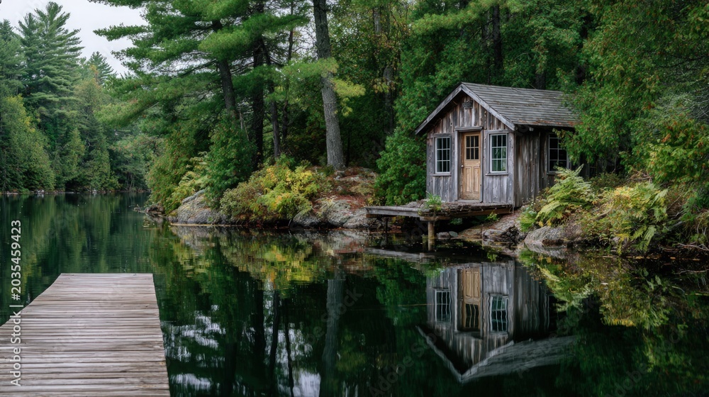 Obraz premium Cabin lakeside forest reflection calm scenery