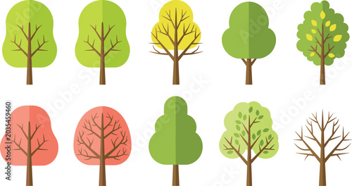Flat Design Tree Icons Collection With Colorful Seasonal Foliage Styles Including Spring Summer Autumn And Bare Winter Trees