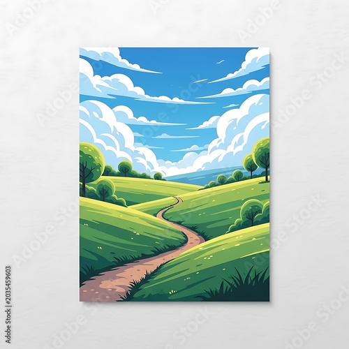 Peaceful green rolling hills with winding path