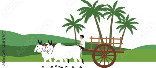 Schilderij op canvas Flat Design Traditional Rural Farmer Riding Bullock Cart With Two Oxen Palm Tree