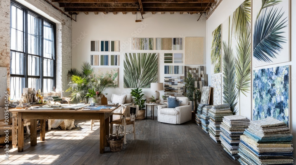 Fototapeta premium Bright studio interior with artwork and plants