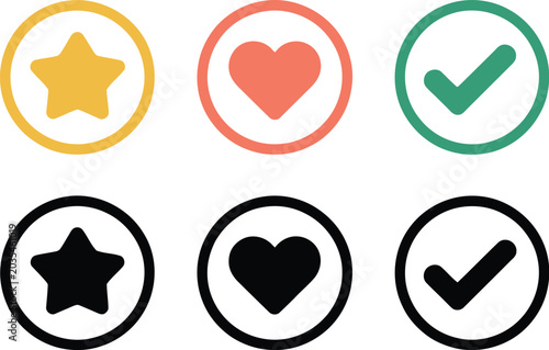Circular icons set, star heart and checkmark symbols for rating favorites approval and UI design concepts.
