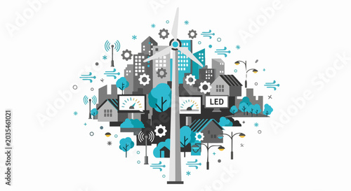 Smart City Concept Illustration with Wind Turbine and Sustainable Green Energy Infrastructure