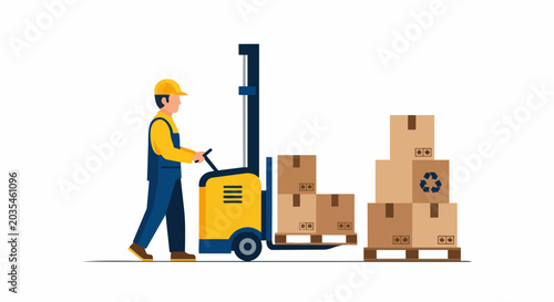 Warehouse Worker Operating Electric Forklift with Cardboard Boxes for Logistics and Supply Chain Concept Vector Illustration