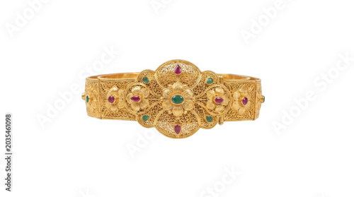 Ornate Gold Bangle With Ruby And Emerald Gemstones On White