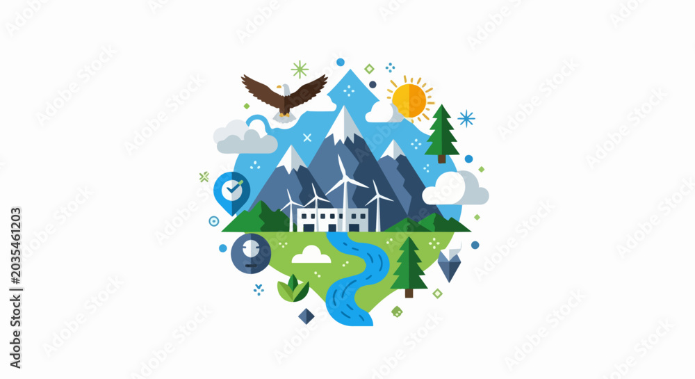Obraz premium Sustainable Ecology and Clean Renewable Energy Concept Flat Vector Illustration with Mountains, Wind Turbines, and Nature Elements