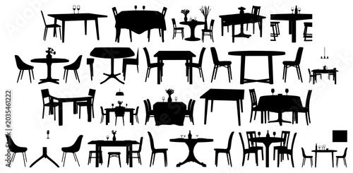 Black silhouette, white background: dining table set with simple line art design featuring outline, illustration, graphic elements with clean design and vector art
