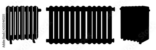 Radiator set with black silhouette on white background featuring household appliance, heating element, HVAC components with illustration and vector graphics