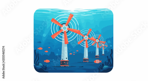Underwater Tidal Energy Turbines Illustration - Sustainable Marine Power and Renewable Ocean Energy Concept