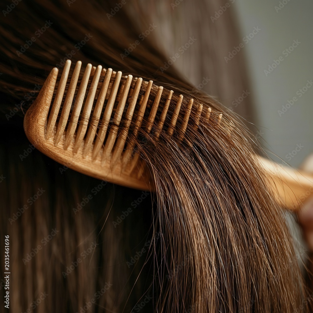Obraz premium Soft wooden comb glides through dark, glossy hair