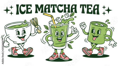 Cute cartoon ice matcha tea characters with smiling faces and arms.