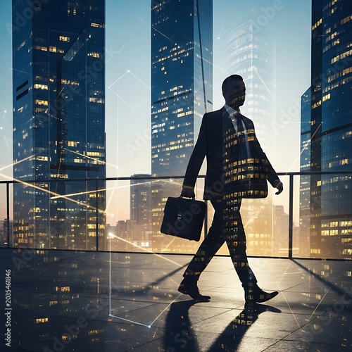 Businessman walking in a futuristic digital city at dusk