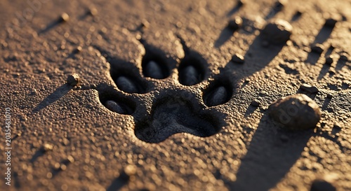 Animal paw print impressed in wet brown sand