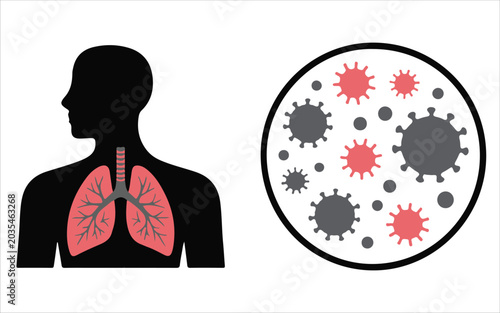 Human silhouette with lungs highlighted red, circle of viruses and microbes, medical and science concept.