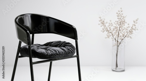 Modern chair in minimalistic interior with natural lighting and decorative plant in vase. Interior features sleek design and soft cushioning with elegant simplicity.