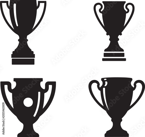 Four black trophy cup icons, award symbols, sports and competition prizes, victory concept.