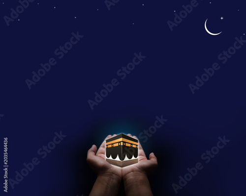 Hajj Mubarak Poster Design. Kaaba and Pilgrim in hand. Eid Celebration of Muslim holiday Background.