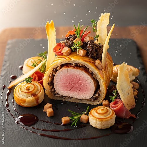 Elegant beef wellington presentation on slate platter