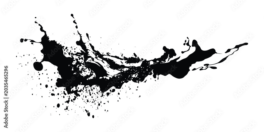 Fototapeta premium Black ink liquid splash and abstract paint splatter shape stretching horizontally with drips vector illustration.