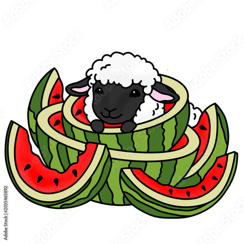 Fotografija Cute little black-faced sheep sitting inside a fresh sliced watermelon illustrat