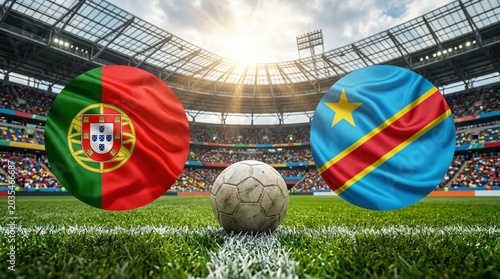 2026 world cup soccer ball - Portugal and DR Congo flags with soccer ball on stadium grass during a match with bright sun rays