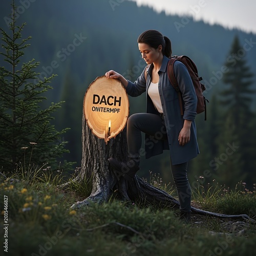 Female hiker discovering a glowing wooden sign in the mountains