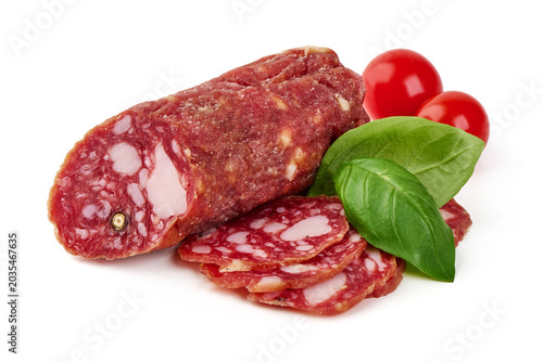 Salami Sausage with Tomatoes and Basil, isolated on white background