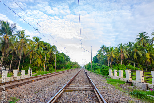 Tropical railway track through lush coconut palms under dramatic sky, ideal for travel, transportation, tourism, nature, infrastructure, journey, adventure, and scenic background use.