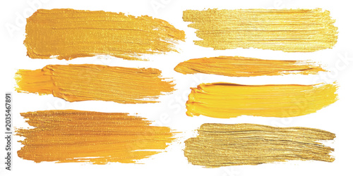 Konstfotografi Elegant luxury golden paint brush strokes and shiny metallic foil texture smear set vector illustration