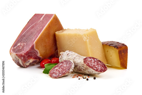 Prosciutto, Cheese, Salami, Tomatoes and Basil, isolated on white background