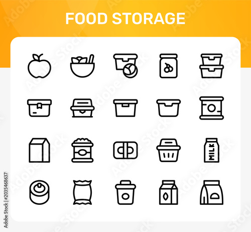 Food Storage icon set. Editable line icons. Professional and modern outline icon pack vector illustration featuring fridge, freezer, and storage boxes in a minimal design.