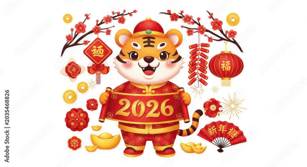 Fototapeta premium Cute tiger mascot wearing traditional red clothing holding a 2026 banner, surrounded by chinese new year decorations, lanterns, and gold coins