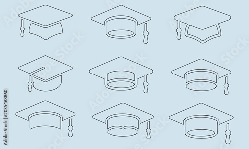Set of Graduation Caps in Dotted Line Style, Academic Achievement Symbols