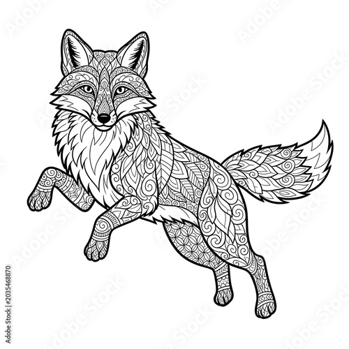 Intricate mandala style jumping fox line art