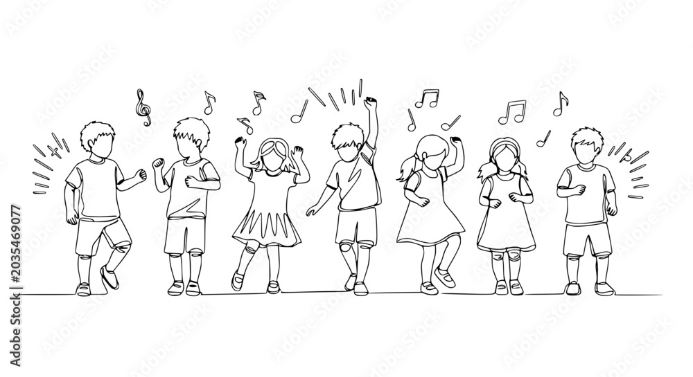 Fototapeta premium Joyful Kids Dancing with Music Notes - Hand-drawn Line Art