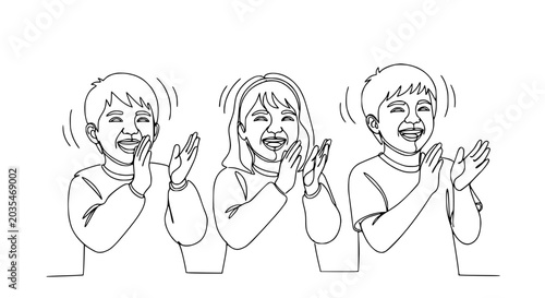 Three happy children clapping hands, celebrating, cheering, smiling, line art illustration