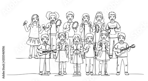 Diverse Children Singing and Playing Instruments in Choir Performance