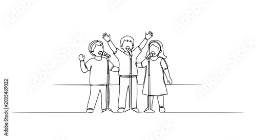 Children Singing Together, Continuous Line Drawing, Group Performance, Joyful Expression