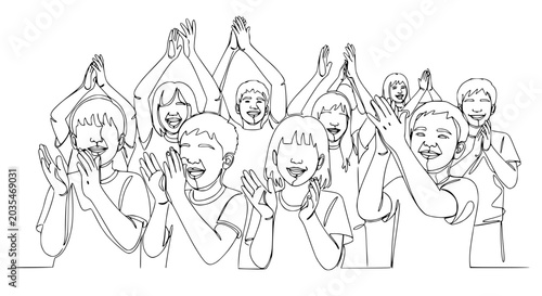 Diverse group of people clapping hands, celebrating, cheering, happy faces, one line drawing