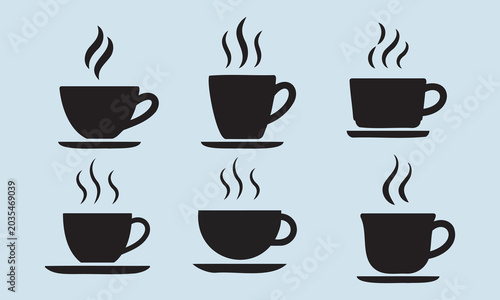 Set of six steaming coffee cups in silhouette, representing hot beverages and morning drinks.
