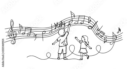 Schilderij op canvas Children Reaching for Musical Notes, Creative Imagination, Music Education, Draw