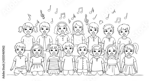 Children Choir Singing with Musical Notes, Diverse Group, Joyful Kids, Outline Art