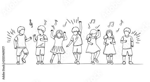 Joyful Kids Dancing with Music Notes - Hand-drawn Line Art
