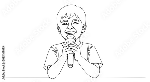 Happy Boy Singing into Microphone, Line Art Illustration, Childhood Performance