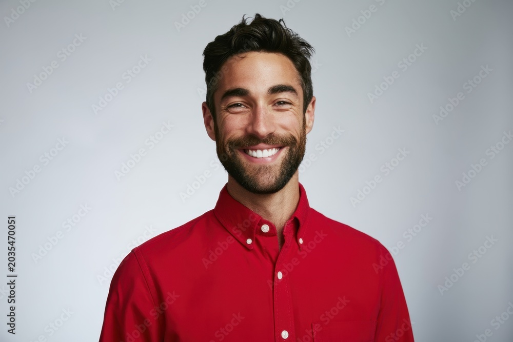 Obraz premium The Red Shirt Portrait of a Smiling Man in Studio Lighting
