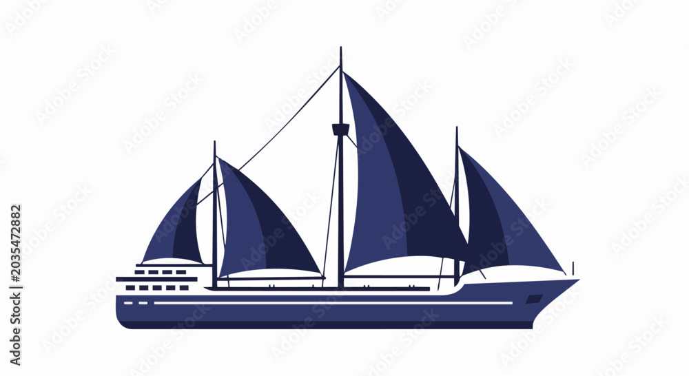 Fototapeta premium Stylized Navy Blue Sailing Ship Vector Illustration - Modern Nautical Vessel Icon on White Background