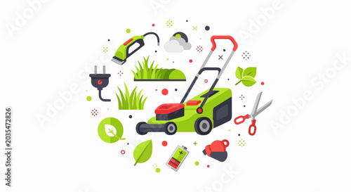 Gardening and Lawn Care Equipment Vector Illustration with Lawn Mower, Trimmer, and Shears