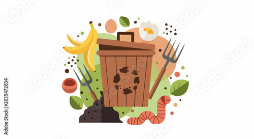 Composting and Organic Waste Recycling Illustration with Compost Bin, Banana Peel, Eggshells, and Worm - Sustainable Living and Eco-Friendly Gardening Concept